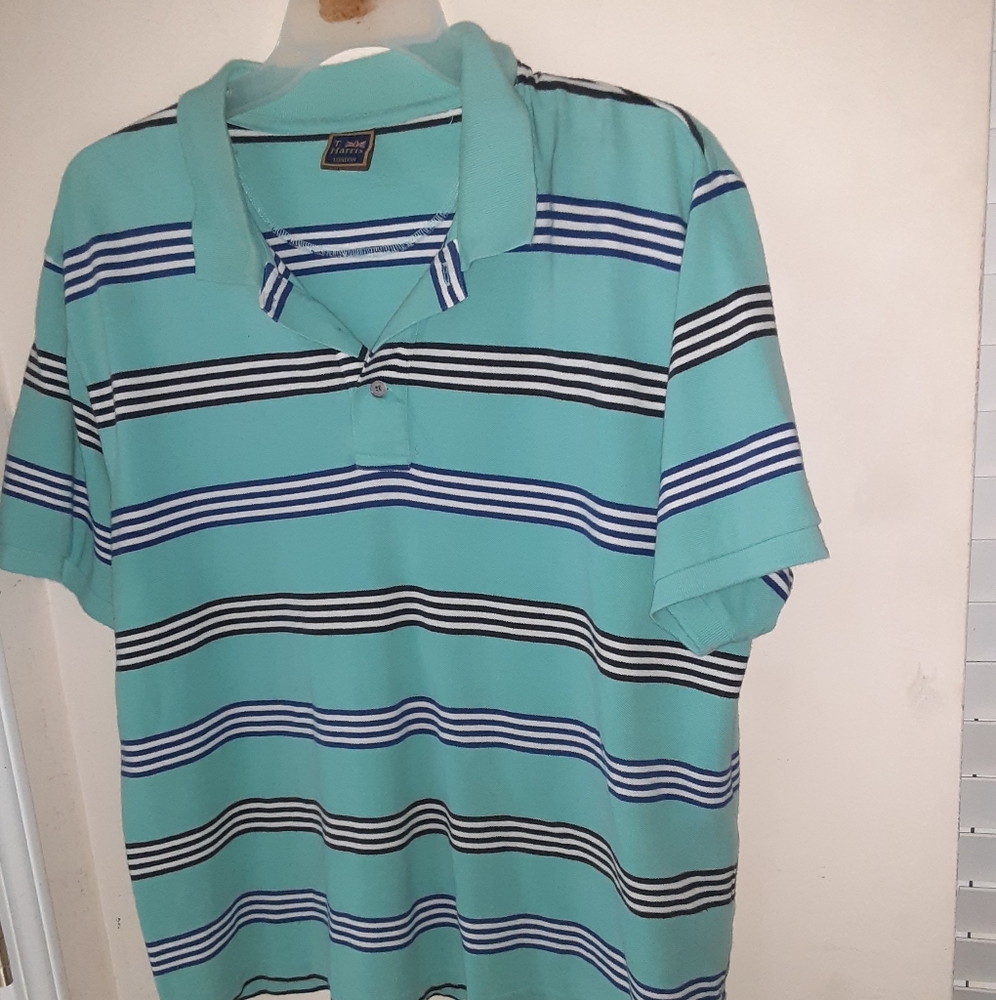 T. Harris London Mens Polo Golf Shirt Short Sleeve Blue Striped  Classic Size xl